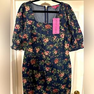 BETSEY JOHNSON-Power Sleeve Corset Printed Denim Dress